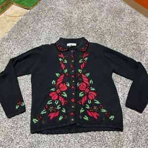 ARRIVISTE Womens Ugly Christmas Sweater Cardigan Black Sz M Mistletoe Vintage